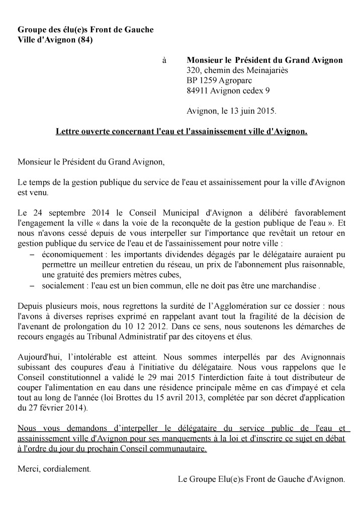 2015-06-13 lettre ouverte du Front de Gauche au Président du Grand Avignon - le 13 juin 2015
