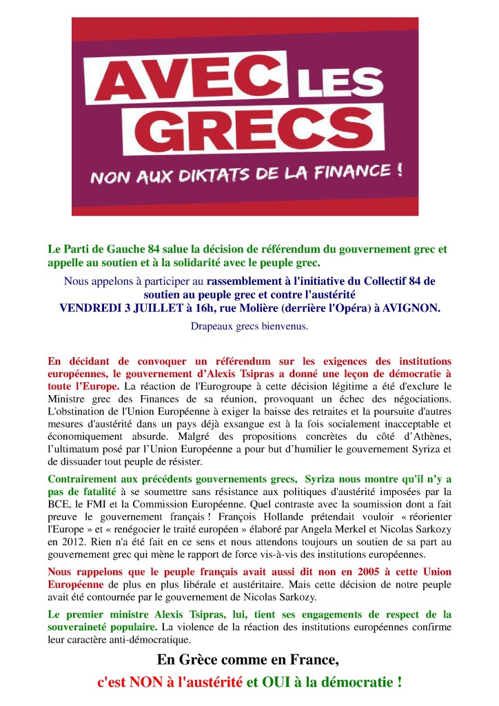 Déclaration PG84  Grèce et appel 3 juillet